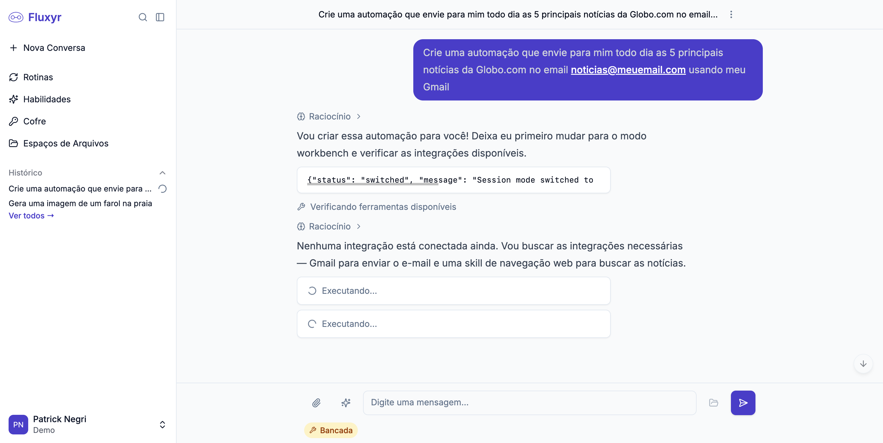 Workbench mode in a Fluxyr chat
